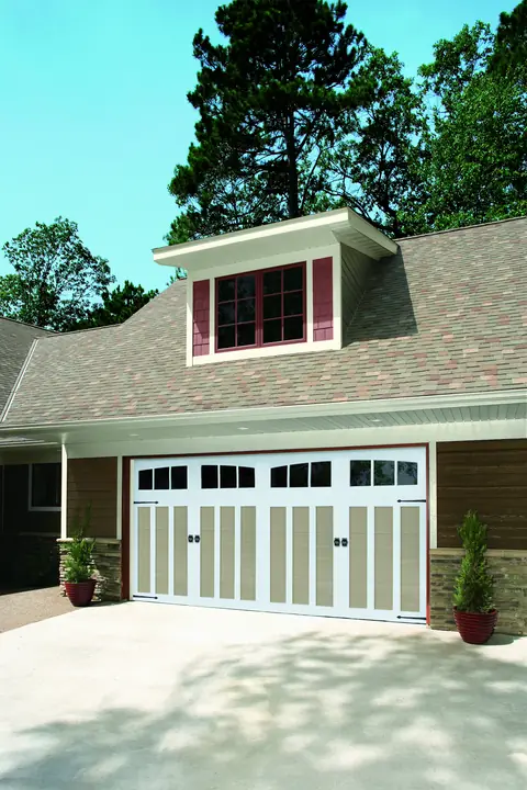 Carriage Court Bradberry garage door in Wicker Tan on a home
