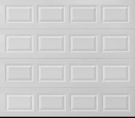 Olympus Short Panel garage door in True White, Solid windows